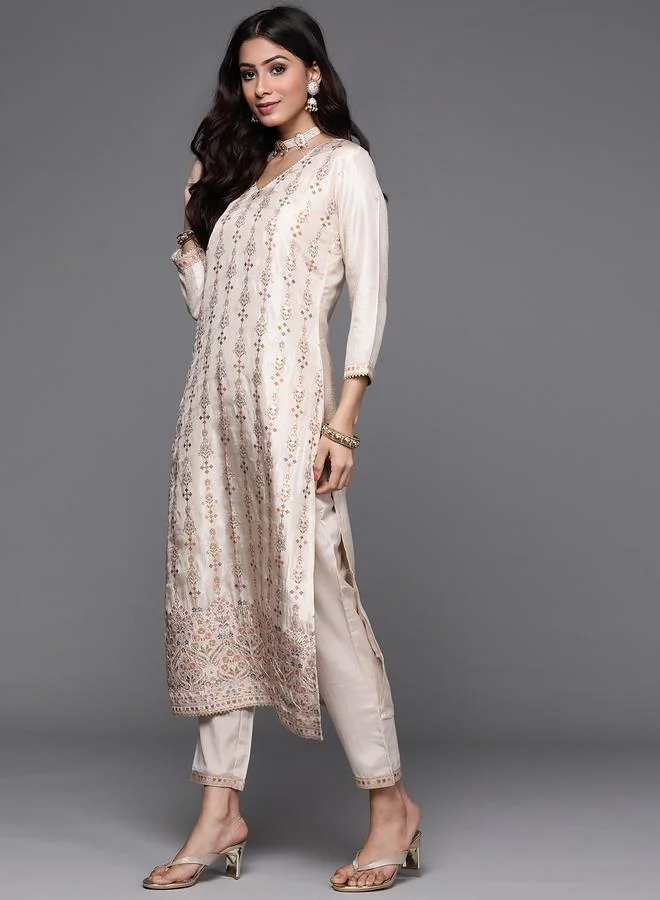 Libas Libas Silk Blend Zari Work Kurta and Solid Trouser with Chiffon Embellished Dupatta Set