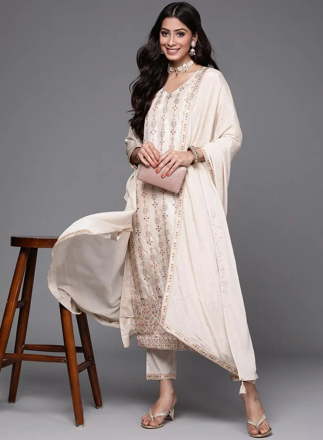 Libas Libas Silk Blend Zari Work Kurta and Solid Trouser with Chiffon Embellished Dupatta Set