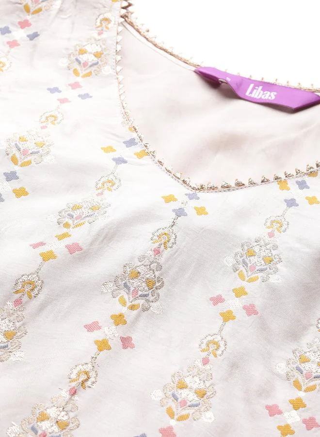 Libas Libas Silk Blend Zari Work Kurta and Solid Trouser with Chiffon Embellished Dupatta Set