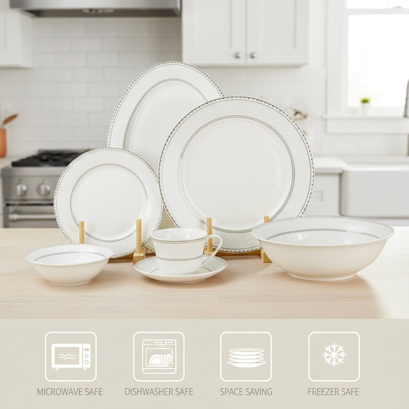 Shallow JUNA 32 Pc New Bone China Dinner Set for 6 persons – White Embossed Geometric Tableware with Serving Pieces for Daily Use, Brunch, Coffee Station, Ramadan, Eid & Gifting - Image 3