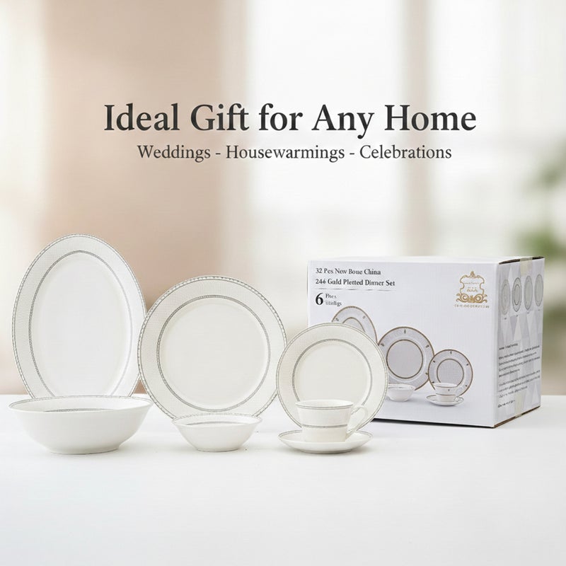 Shallow JUNA 32 Pc New Bone China Dinner Set for 6 persons – White Embossed Geometric Tableware with Serving Pieces for Daily Use, Brunch, Coffee Station, Ramadan, Eid & Gifting - Image 5