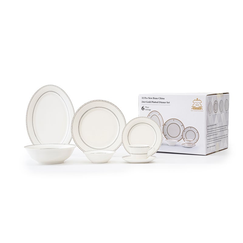 Shallow JUNA 32 Pc New Bone China Dinner Set for 6 persons – White Embossed Geometric Tableware with Serving Pieces for Daily Use, Brunch, Coffee Station, Ramadan, Eid & Gifting - Image 4