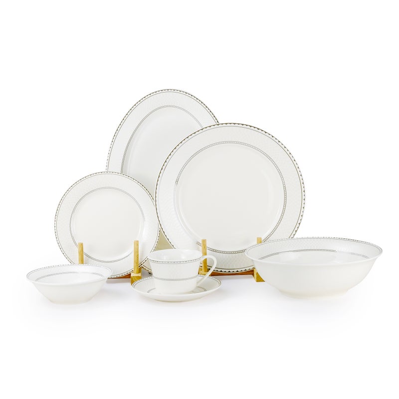 Shallow JUNA 32 Pc New Bone China Dinner Set for 6 persons – White Embossed Geometric Tableware with Serving Pieces for Daily Use, Brunch, Coffee Station, Ramadan, Eid & Gifting - Image 1
