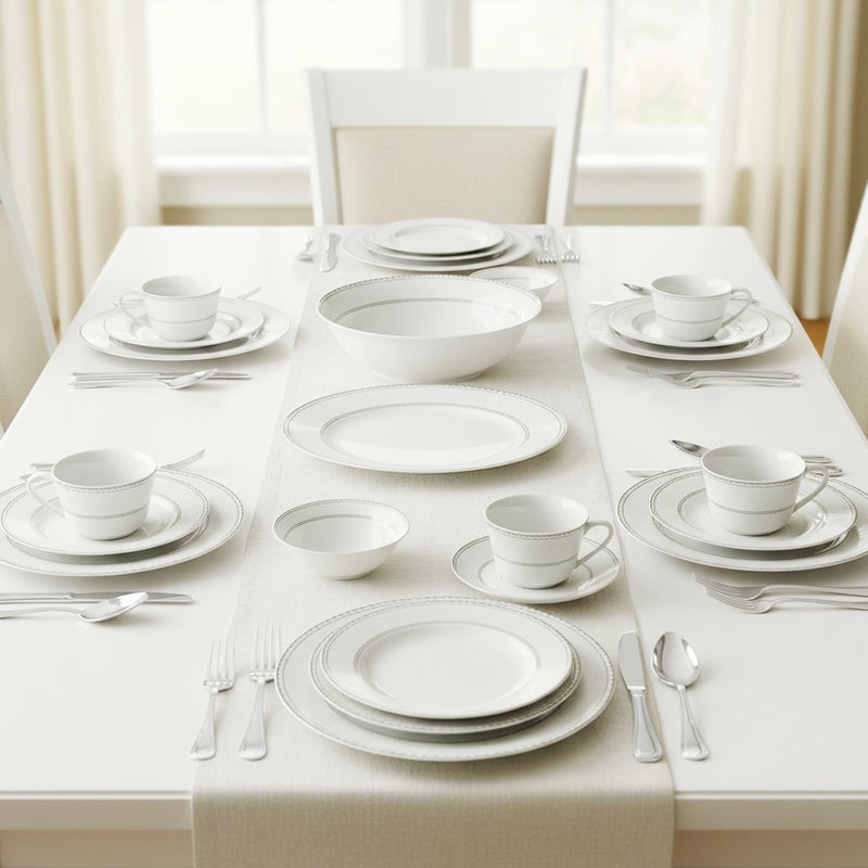 Shallow JUNA 32 Pc New Bone China Dinner Set for 6 persons – White Embossed Geometric Tableware with Serving Pieces for Daily Use, Brunch, Coffee Station, Ramadan, Eid & Gifting - Image 2