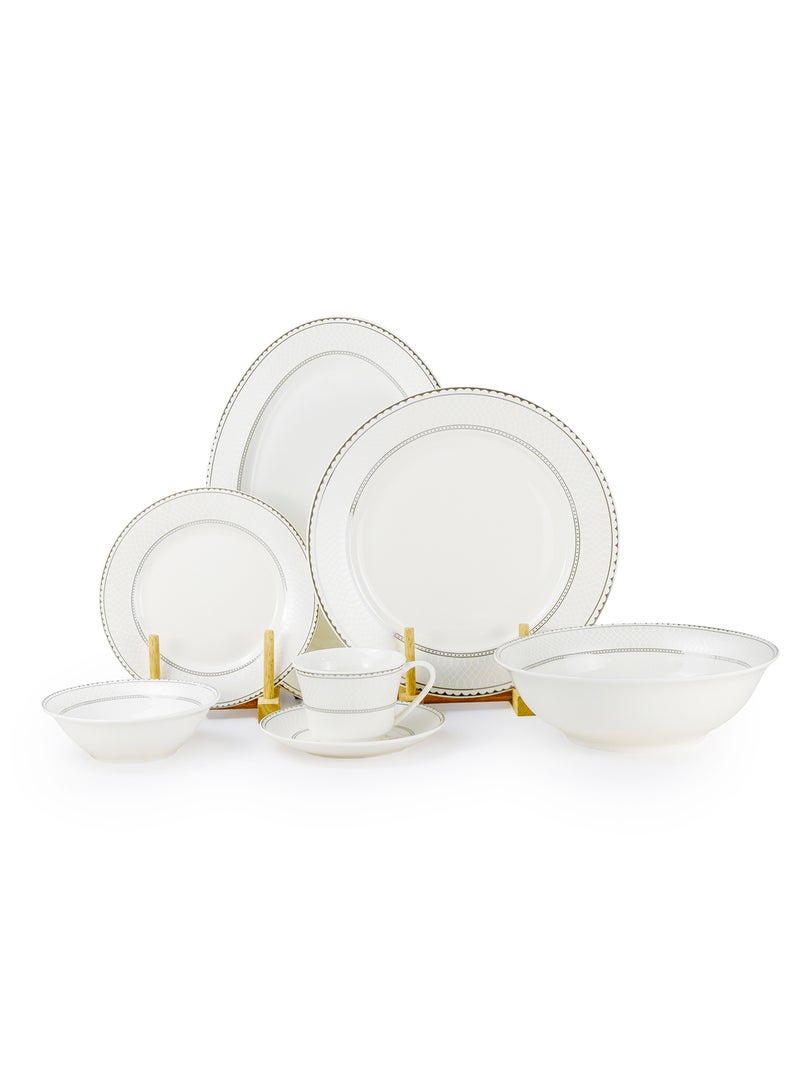 Shallow JUNA 32 Pc New Bone China Dinner Set for 6 persons – White Embossed Geometric Tableware with Serving Pieces for Daily Use, Brunch, Coffee Station, Ramadan, Eid & Gifting - Image 1
