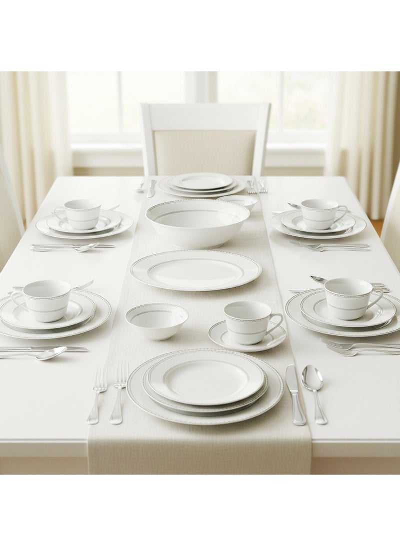 Shallow JUNA 32 Pc New Bone China Dinner Set for 6 persons – White Embossed Geometric Tableware with Serving Pieces for Daily Use, Brunch, Coffee Station, Ramadan, Eid & Gifting - Image 2