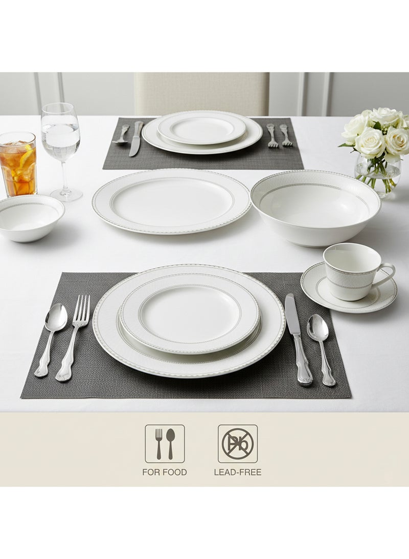Shallow JUNA 32 Pc New Bone China Dinner Set for 6 persons – White Embossed Geometric Tableware with Serving Pieces for Daily Use, Brunch, Coffee Station, Ramadan, Eid & Gifting - Image 4