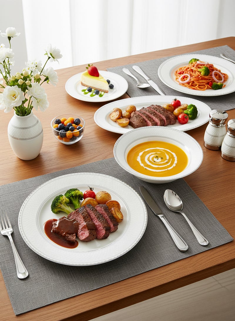 Shallow JUNA 32 Pc New Bone China Dinner Set for 6 persons – White Embossed Geometric Tableware with Serving Pieces for Daily Use, Brunch, Coffee Station, Ramadan, Eid & Gifting - Image 5