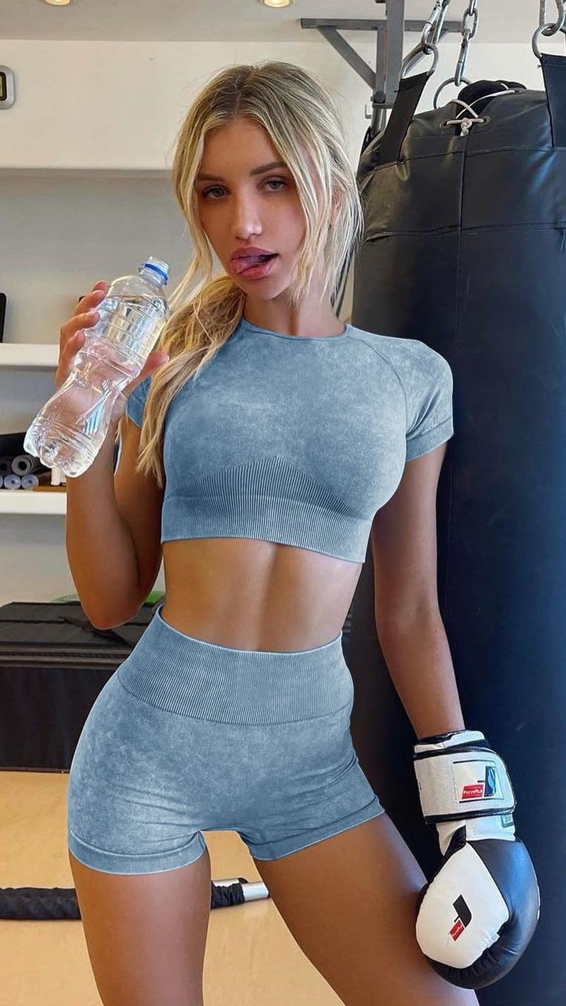 OLCHEE Womens Workout Sets 2 Piece - Seamless Acid Wash Yoga Outfits Leggings Shorts and Crop Top Matching Gym Activewear Athletic Clothing Set - Blue Small - Image 5