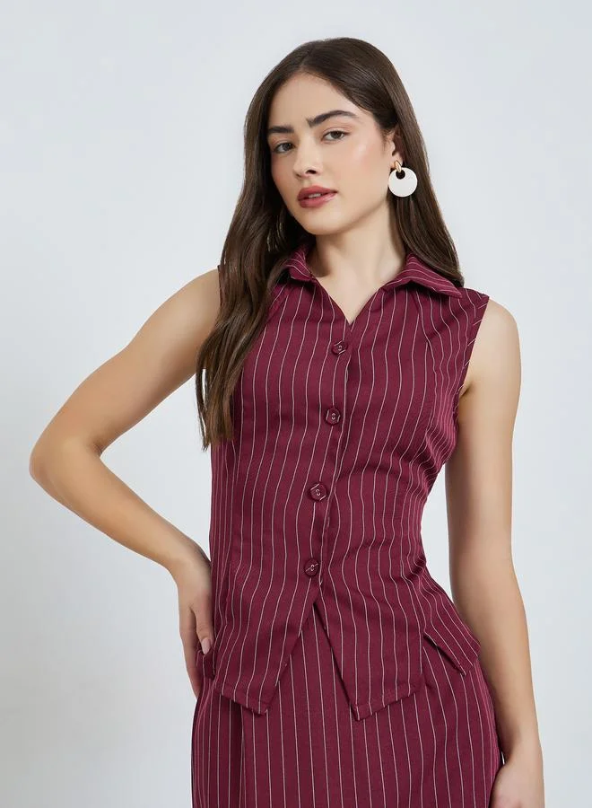Styli Burgundy Striped Waistcoat Top and Midi Skirt Co-Ords