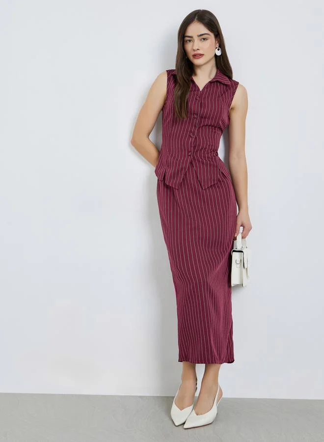 Burgundy Striped Waistcoat Top and Midi Skirt Co-Ords