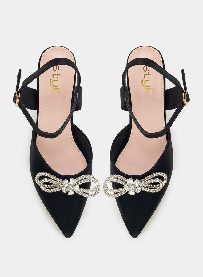 Styli Sparkle Embellished Bow Ankle Strap Pumps