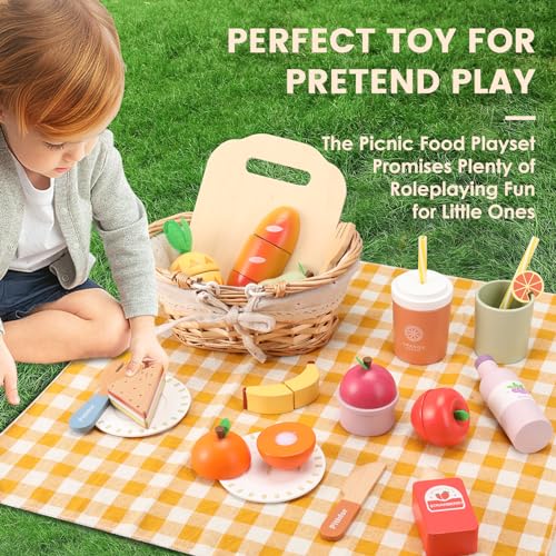 Pithfor Picnic Playset Wooden Play Food Set for Kids Kitchen Cutting Pretend Play Kitchen Food Toy for Toddlers Girls Boys 3 4 5 Years Old - Image 5