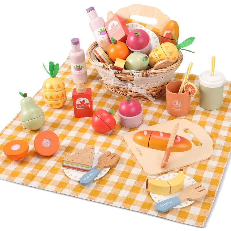 Pithfor Picnic Playset Wooden Play Food Set for Kids Kitchen Cutting Pretend Play Kitchen Food Toy for Toddlers Girls Boys 3 4 5 Years Old - Image 3