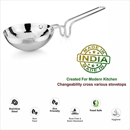 Prabha Tadka Pan Stainless Steel 13cm Tadka Pan 340ml Capacity | Small Hammered Tadka Pans Induction Base | Home & Kitchen TadkaPan with Handle | Frying Dal/Spices Heavy Gauge Unbreakable-Silver - Image 2