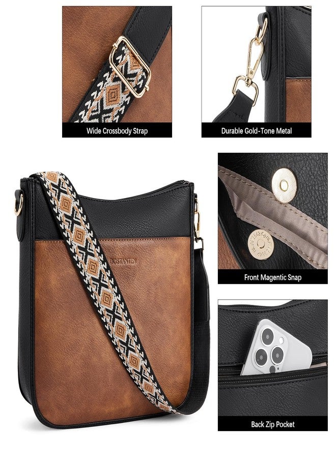 BOSTANTEN Crossbody Bags for Women Trendy Vegan Leather Hobo Purses Shoulder Handbags With Wide Shoulder Strap Black with Brown - Image 5