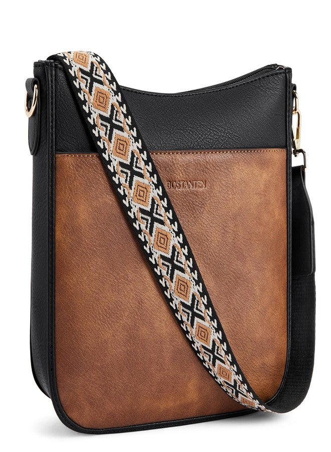BOSTANTEN Crossbody Bags for Women Trendy Vegan Leather Hobo Purses Shoulder Handbags With Wide Shoulder Strap Black with Brown - Image 1