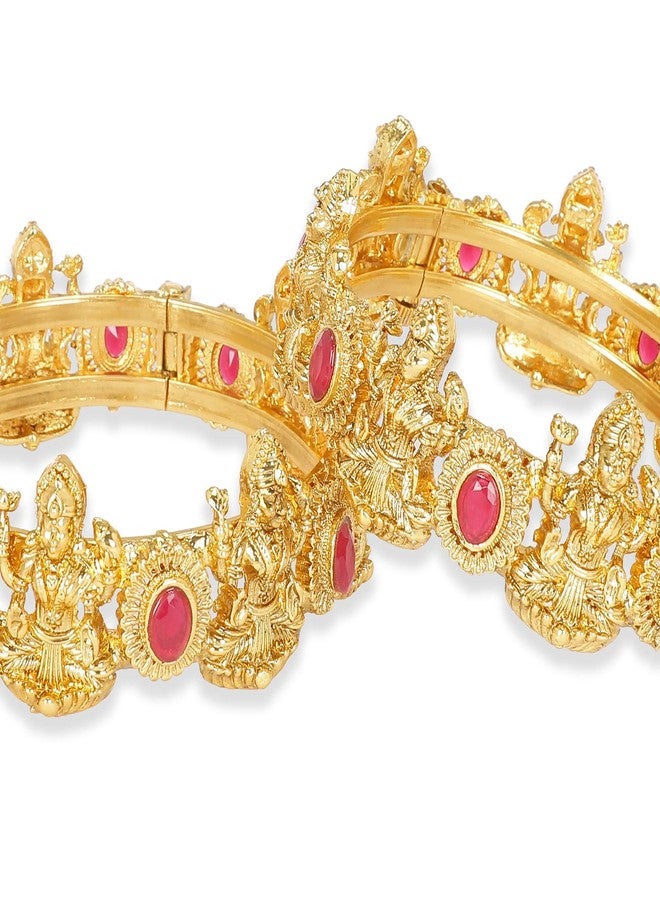 ACCESSHER Gold Brass Red Ruby Laxmi Bangles for Women and Girls Pair Temple Jewellery Bridal Bangles for Special Occasions Authentic Handcrafted Jewelry - Image 3
