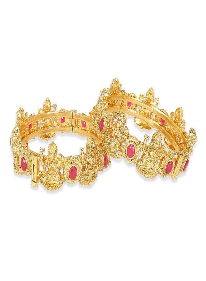 ACCESSHER Gold Brass Red Ruby Laxmi Bangles for Women and Girls Pair Temple Jewellery Bridal Bangles for Special Occasions Authentic Handcrafted Jewelry - Image 1