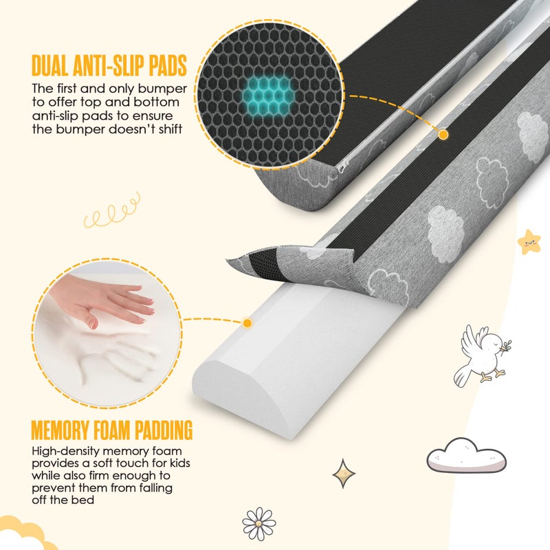 Sleepah Bed Bumpers for Toddlers Memory Foam Rail Guards Waterproof Washable Dual Sided Non-Slip Soft Cover - Safety Guard Noodle Long Pillow Pads for King Queen Full Twin Beds (1 Pack) - Image 5