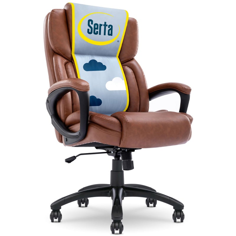 Serta Garret Executive Office Chair Ergonomic MidBack with Lumbar Support SemiPlush Cushion and Body Pillows Padded Armrests Swivel Base Bonded Leather Cognac