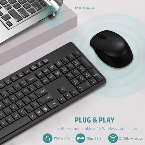 LeadsaiL Wireless Keyboard and Mouse Combo, Full-Sized Ergonomic Computer Keyboard, 2.4GHz Cordless Keyboard Silent Mouse Set with 2-in-1 USB Receiver, 12 FN Shortcuts for Windows Laptop, PC/Mac-Black - Image 2
