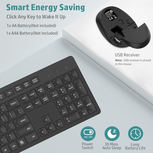 LeadsaiL Wireless Keyboard and Mouse Combo, Full-Sized Ergonomic Computer Keyboard, 2.4GHz Cordless Keyboard Silent Mouse Set with 2-in-1 USB Receiver, 12 FN Shortcuts for Windows Laptop, PC/Mac-Black - Image 4
