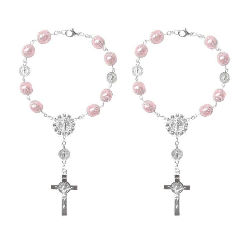 Hbxdeco 2 PCS Car Rosary for Rearview Mirror Personalized Cross Blessing Auto Rearview Mirror Rosary Pendant Universal Car Rear View Mirror Rosary Hanging Decor Accessories for Woman Men Pink - Image 3