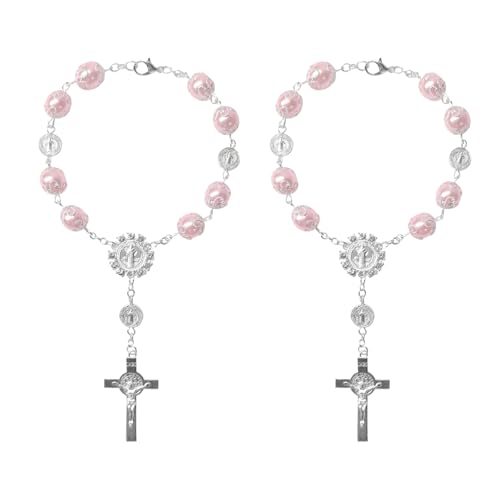 Hbxdeco 2 PCS Car Rosary for Rearview Mirror Personalized Cross Blessing Auto Rearview Mirror Rosary Pendant Universal Car Rear View Mirror Rosary Hanging Decor Accessories for Woman Men Pink - Image 1