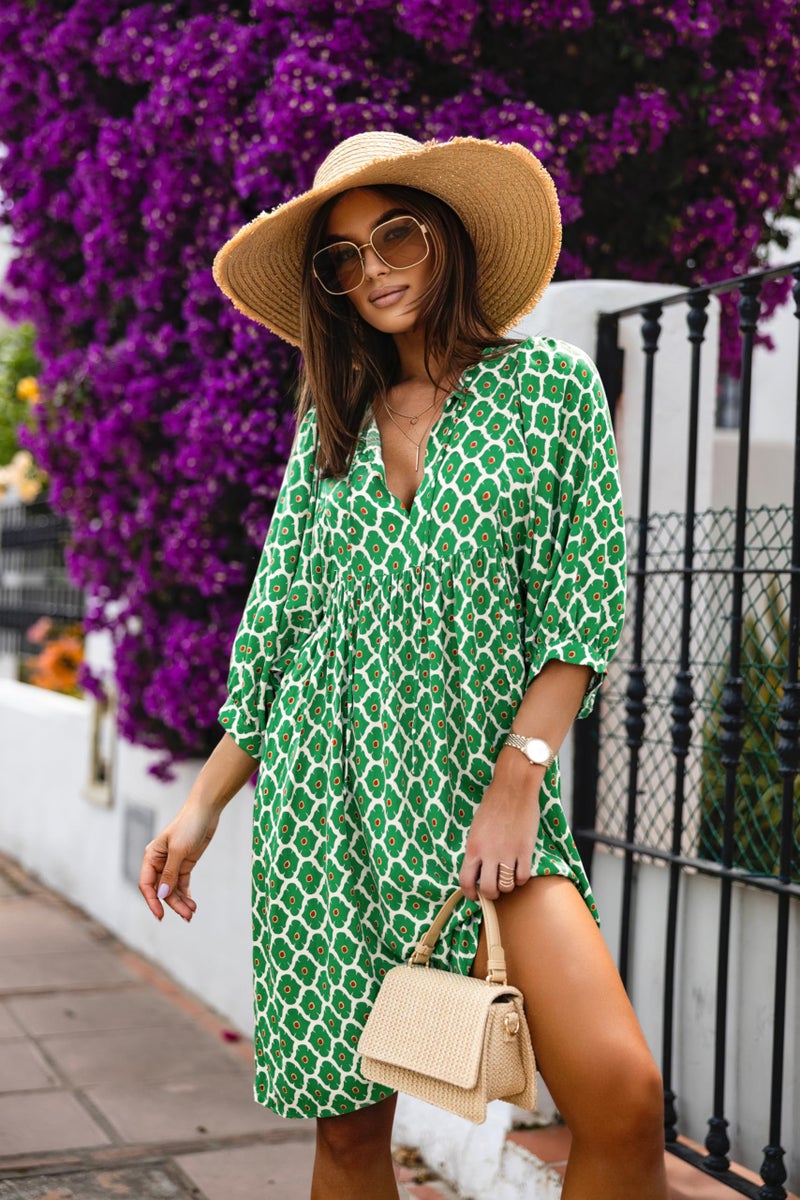 miduo Womens Casual Dresses Summer Half Sleeve V Neck Floral Bohemian Dress Boho Beach Mini Babydoll Shift Shirt Dress Green XL - Image 3