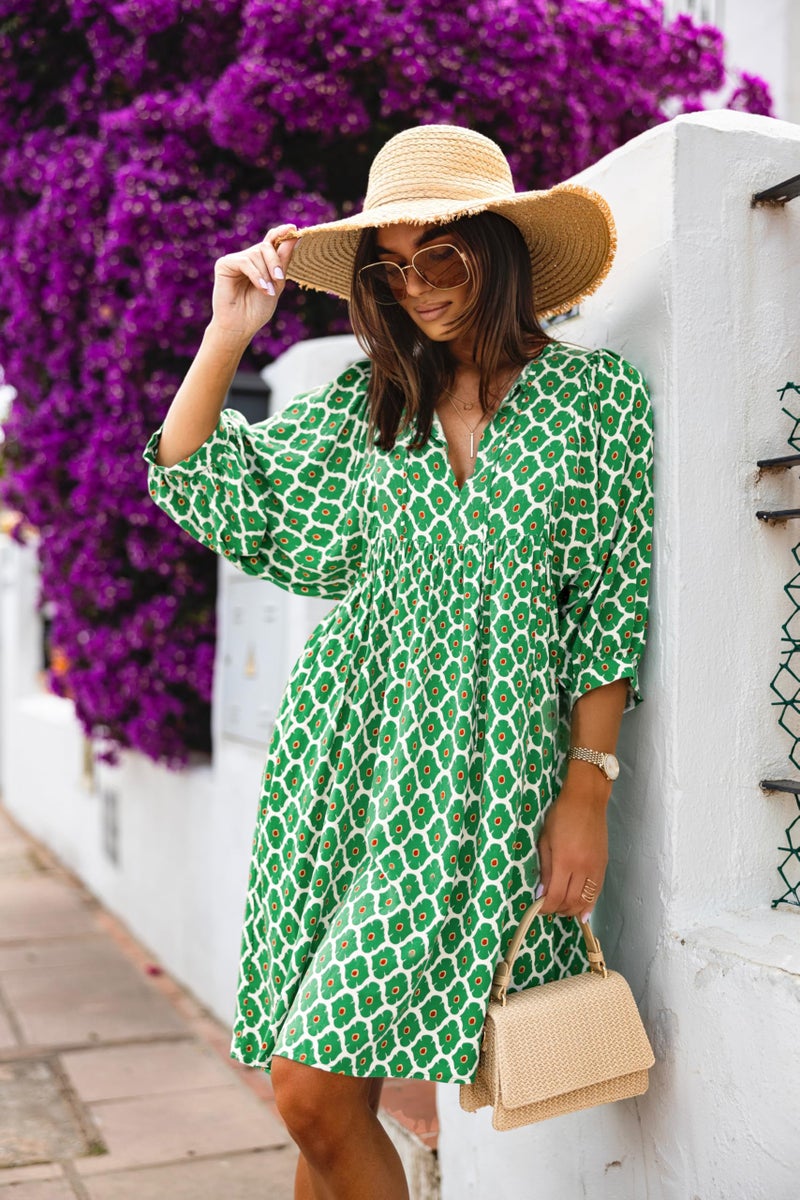 miduo Womens Casual Dresses Summer Half Sleeve V Neck Floral Bohemian Dress Boho Beach Mini Babydoll Shift Shirt Dress Green XL - Image 4