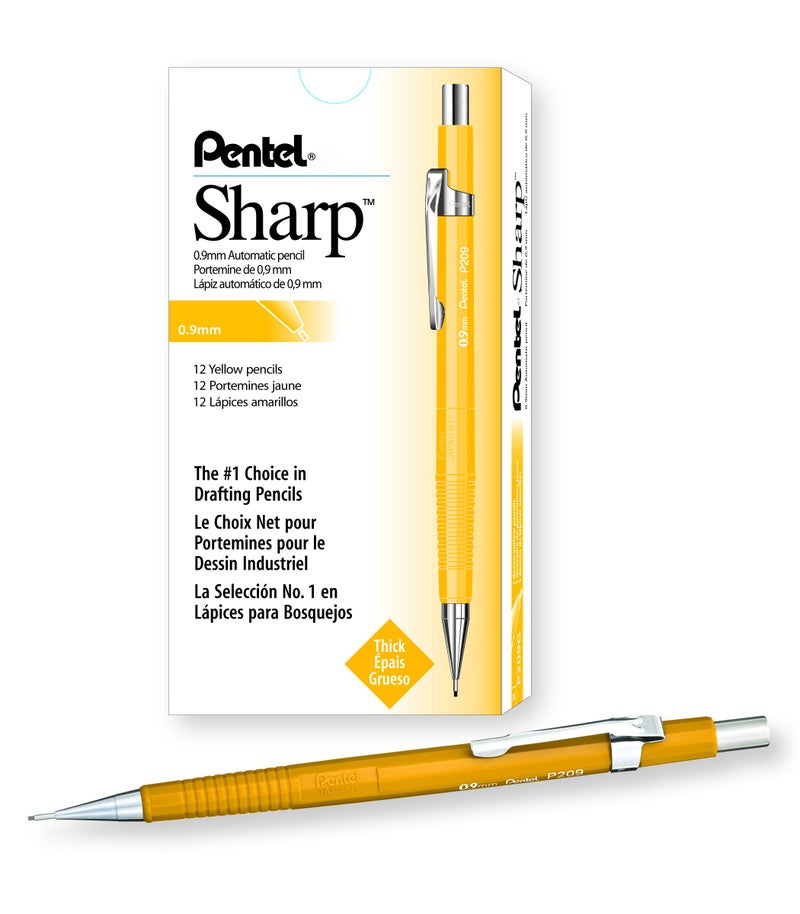 Pentel قلم رصاص ميكانيكي بنتل شارب، حجم رأس 0.9 مم، أسطوانة صفراء، علبة تحتوي على 12 قلم (P209G) - Image 2