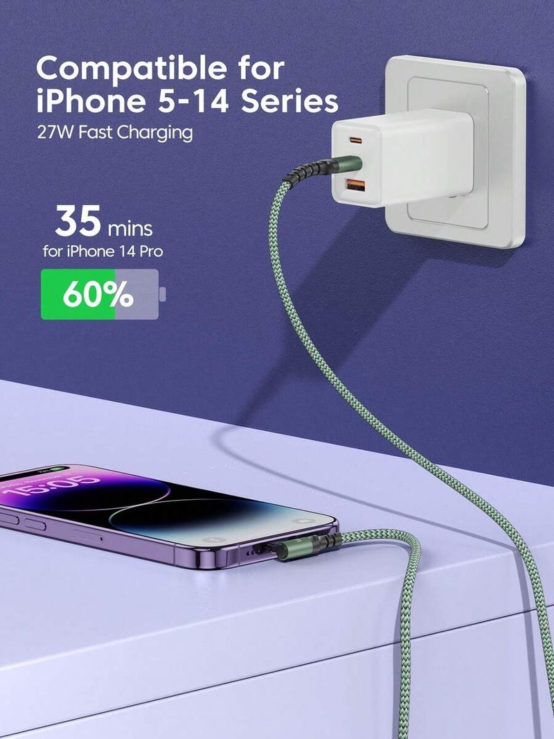 Shein BinBoom USB-C to Lightning Cable, 27W Max, MFi Certified, Nylon Braided, Compatible with iPhone 14/13/12/11 Pro Max, XS Max/XR/X/8/7/Plus/6S Plus, iPad - Green 3m - Image 4