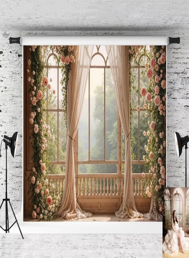 Kate Spring Pink Flowers Backdrop Window Room Background Whie Curtain Green Tree Photo Background Studio Props,7x5ft - Image 1
