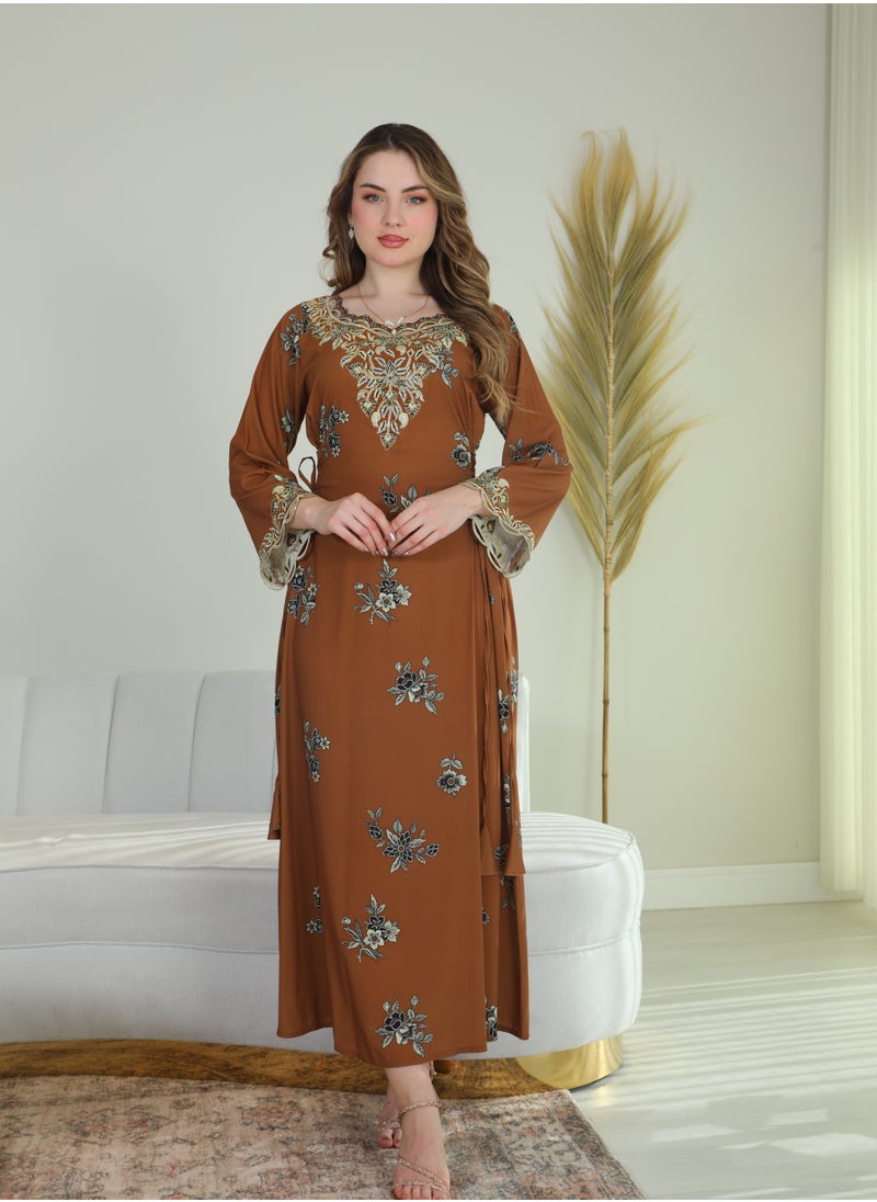 Bint Al Bilad Bint Al Bilad Women's Summer Long Luxury Jalabiya | Full-Length Kaftan Dress for Ramadan, Eid Ul Fitr, Wedding, Special Occasions | Embroidered Saudi Abaya | Modest Islamic Clothing  - Image 1