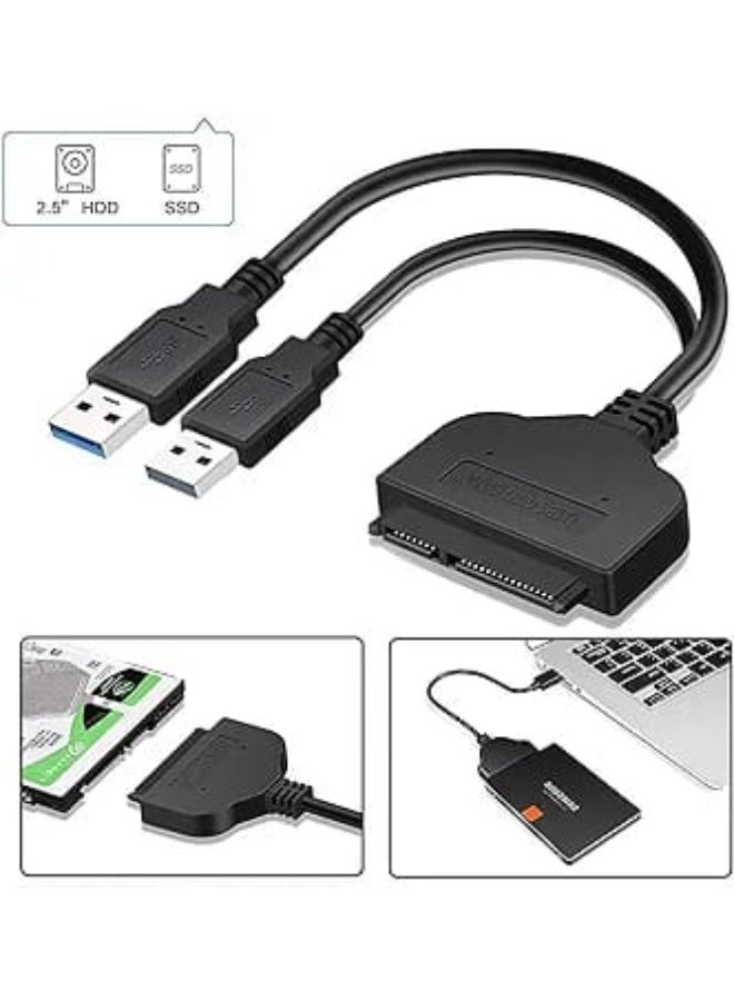 كابل محول محرك الأقراص الصلبة من USB 2.0 إلى SATA III، كابل محول SATA إلى USB 2.0 لمحركات الأقراص الصلبة SSD وHDD مقاس 2.5 بوصة، منفذ USB مزدوج مع منفذ تيار مستمر، أسود - Image 1