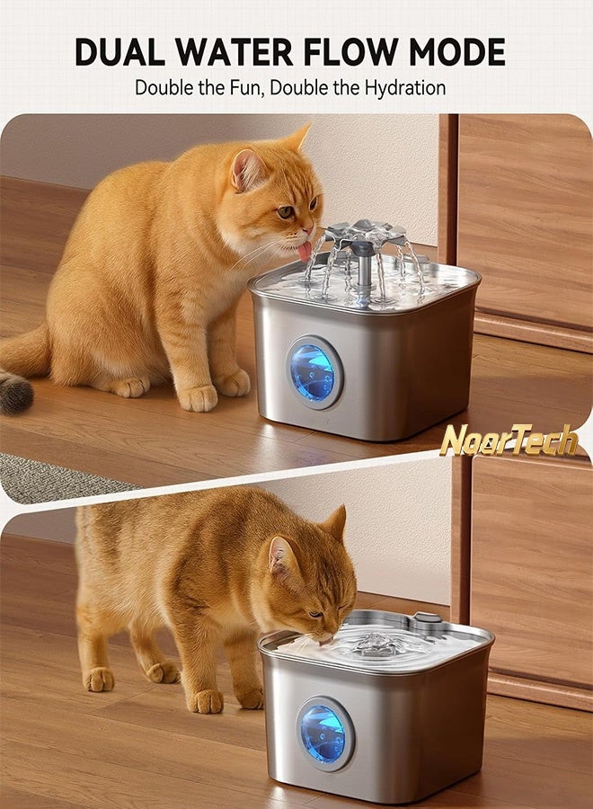 NoorTech Stainless Steel Cat Water Fountain for Drinking with 2 Filters 3.2L Auto Pet Drinking Fountain for Cats with 20dB Ultra-Quiet Pump 24/7 Circulation Filtration LED Water Level Window Dishwasher Safe - Image 4