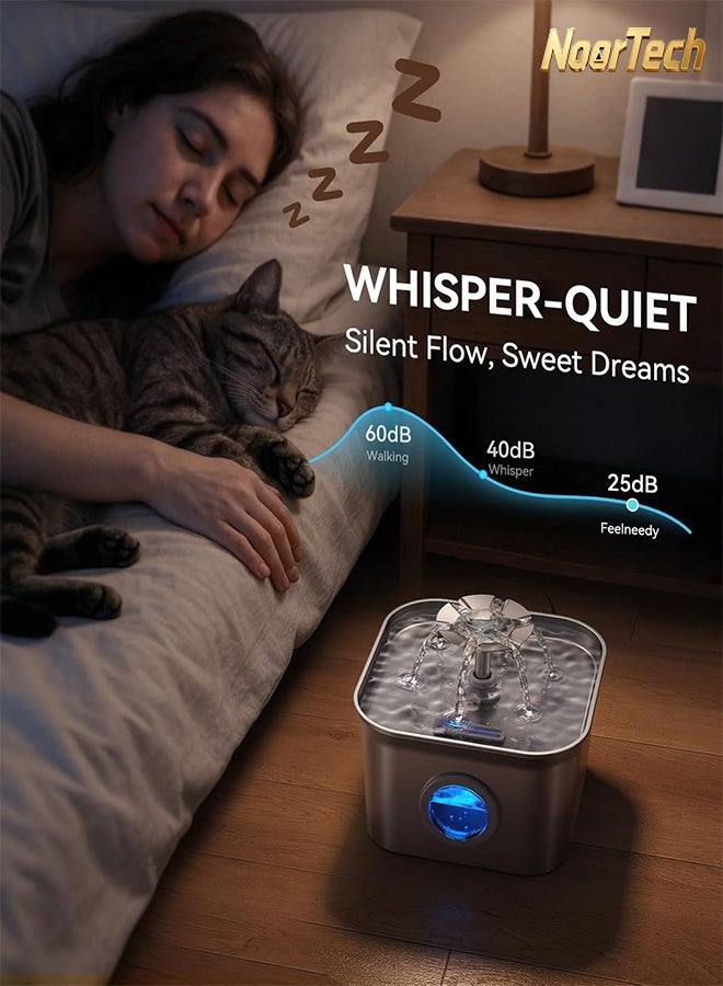 NoorTech Stainless Steel Cat Water Fountain for Drinking with 2 Filters 3.2L Auto Pet Drinking Fountain for Cats with 20dB Ultra-Quiet Pump 24/7 Circulation Filtration LED Water Level Window Dishwasher Safe - Image 5