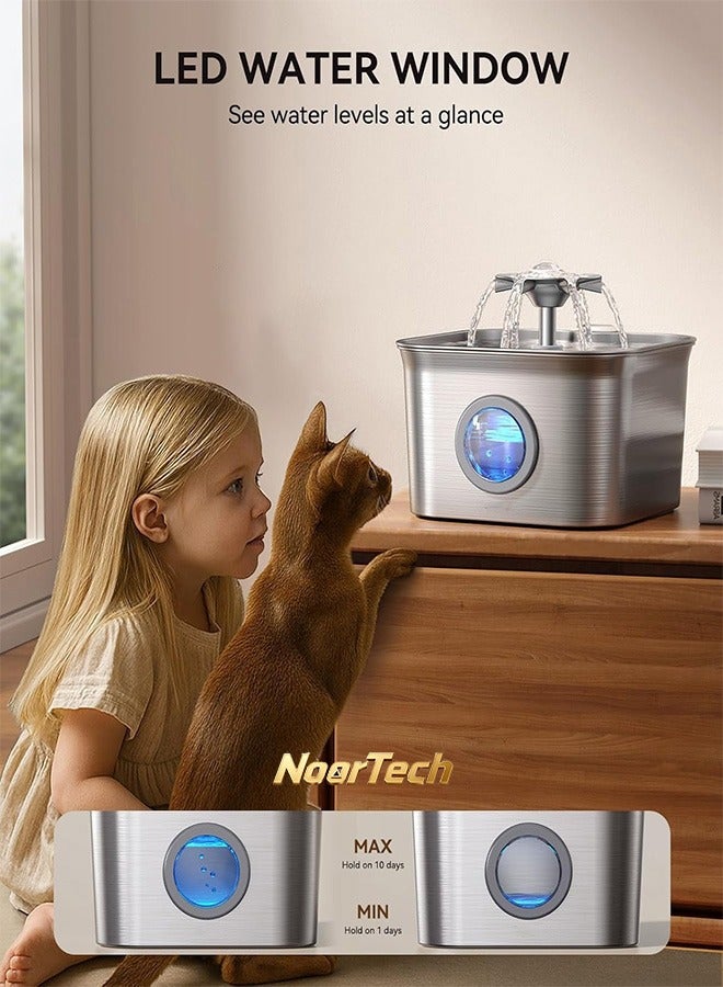 NoorTech Stainless Steel Cat Water Fountain for Drinking with 2 Filters 3.2L Auto Pet Drinking Fountain for Cats with 20dB Ultra-Quiet Pump 24/7 Circulation Filtration LED Water Level Window Dishwasher Safe - Image 3