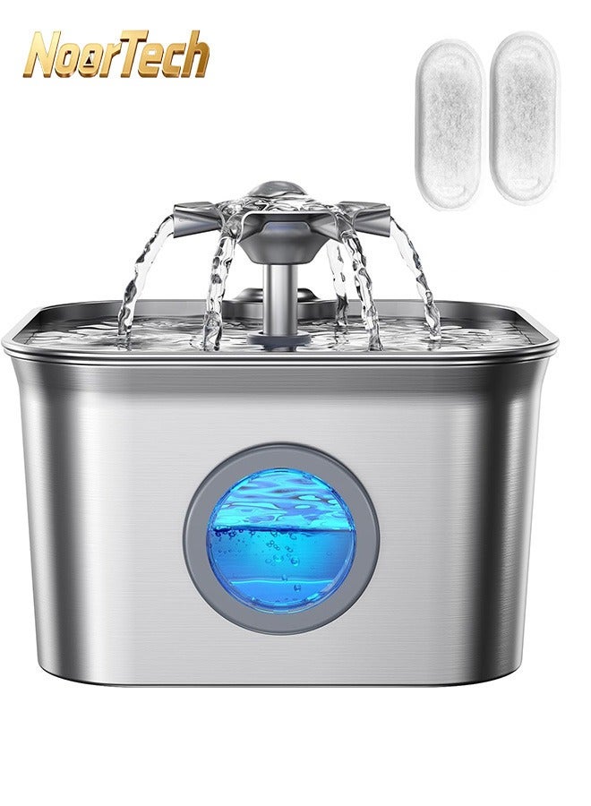 NoorTech Stainless Steel Cat Water Fountain for Drinking with 2 Filters 3.2L Auto Pet Drinking Fountain for Cats with 20dB Ultra-Quiet Pump 24/7 Circulation Filtration LED Water Level Window Dishwasher Safe - Image 1