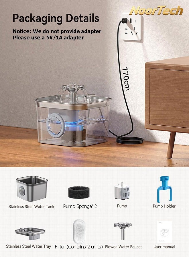 NoorTech Stainless Steel Cat Water Fountain for Drinking with 2 Filters 3.2L Auto Pet Drinking Fountain for Cats with 20dB Ultra-Quiet Pump 24/7 Circulation Filtration LED Water Level Window Dishwasher Safe - Image 2