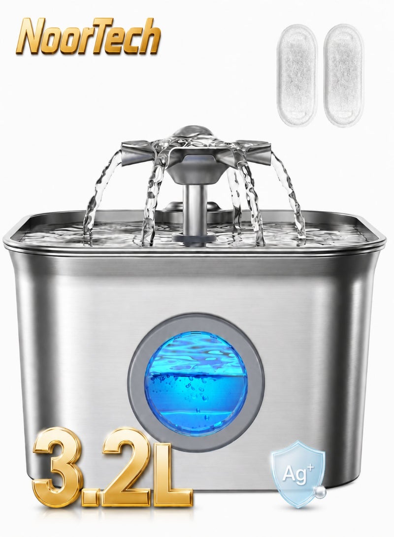 NoorTech Stainless Steel Cat Water Fountain for Drinking with 2 Filters 3.2L Auto Pet Drinking Fountain for Cats with 20dB Ultra-Quiet Pump 24/7 Circulation Filtration LED Water Level Window Dishwasher Safe - Image 1