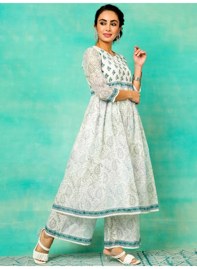 AKS White & Blue Hand Block Printed A-Line Kurta With Palazzo Set