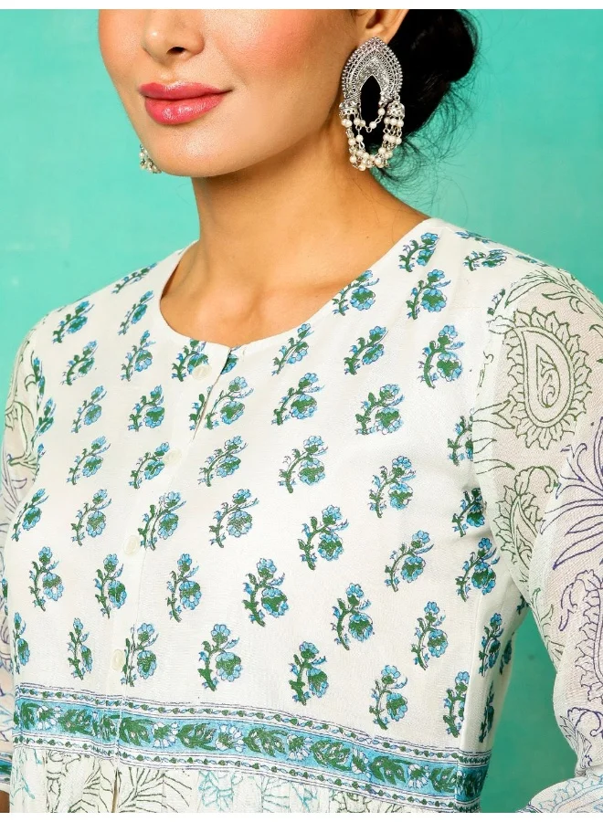 AKS White & Blue Hand Block Printed A-Line Kurta With Palazzo Set