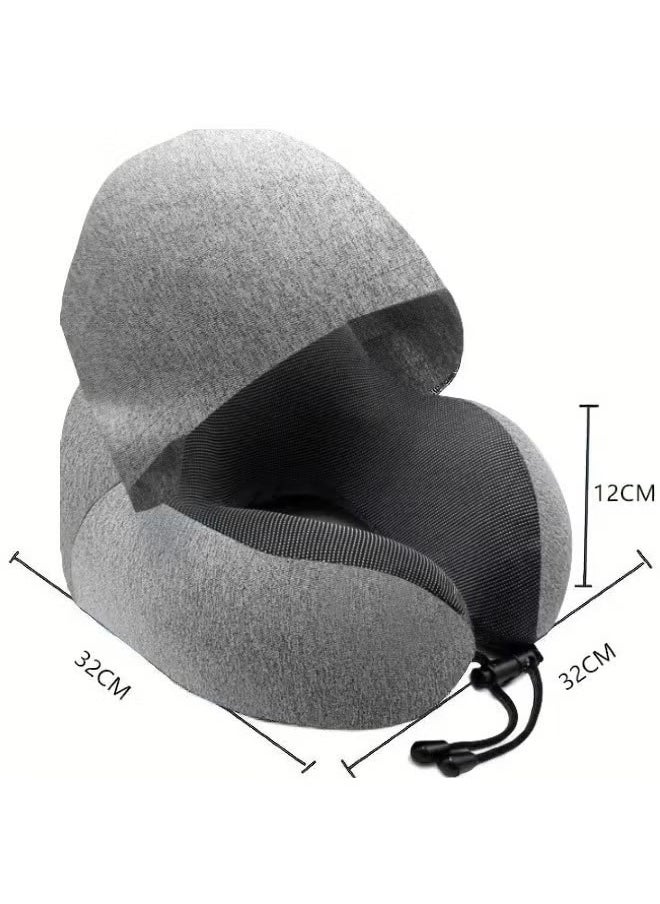 Generic Travel Neck Pillow with Hoodie U-Shaped Memory Cotton Foam Soft Comfortable ,Memory Foam Travel Pillow, Portable Office Pillow,Travel Pillow, Velvet Memory Foam Neck Pillow Adult Head & Neck Support, for Long Flights Plane, Office, Cars Sleeping & Rest (Black)  - Image 2