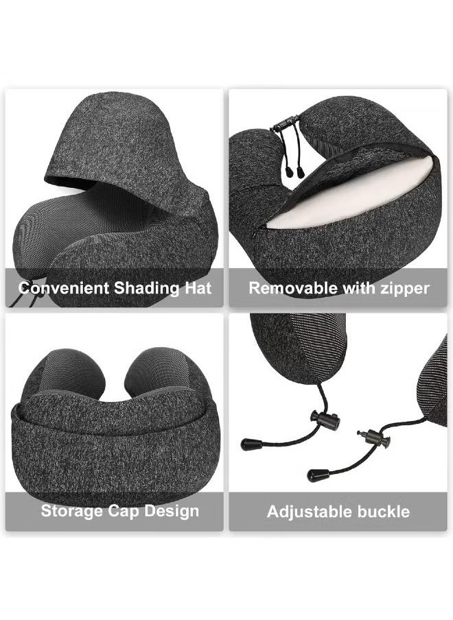 Generic Travel Neck Pillow with Hoodie U-Shaped Memory Cotton Foam Soft Comfortable ,Memory Foam Travel Pillow, Portable Office Pillow,Travel Pillow, Velvet Memory Foam Neck Pillow Adult Head & Neck Support, for Long Flights Plane, Office, Cars Sleeping & Rest (Black)  - Image 5
