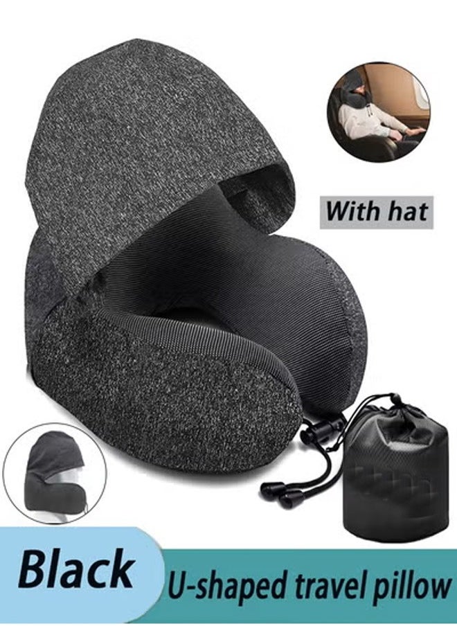 Generic Travel Neck Pillow with Hoodie U-Shaped Memory Cotton Foam Soft Comfortable ,Memory Foam Travel Pillow, Portable Office Pillow,Travel Pillow, Velvet Memory Foam Neck Pillow Adult Head & Neck Support, for Long Flights Plane, Office, Cars Sleeping & Rest (Black)  - Image 1