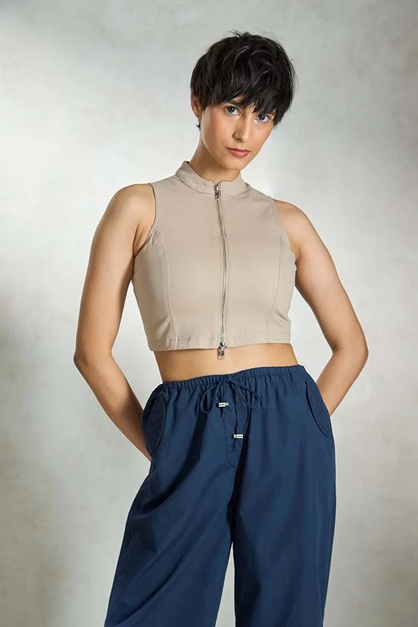 Virgio VIRGIO Cotton Stretch Seamed Zipper Top