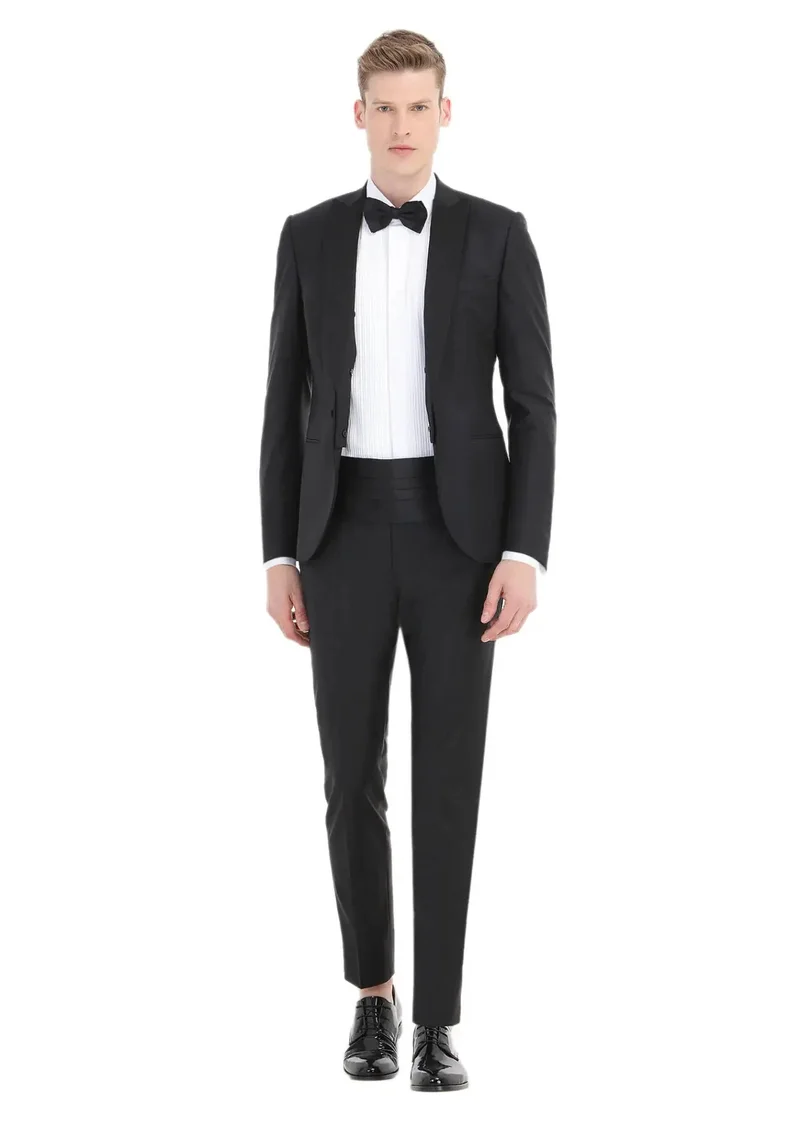 RAMSEY Black Plain Fashion Slim Fit Double Breasted Collar Weaving Tuxedo