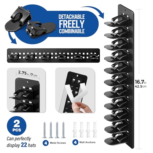 EIMMBD 2 Pack Hat Organizer for Baseball Caps, Detachable DIY Hat Holder Hat Rack Hold up to 22 Hats, Cap Holder Hat Hangers for Wall Closet Door Bedroom(Black) - Image 2